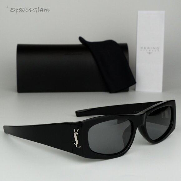NEW Saint Laurent SLM140/F 002 Black Grey Silver Mirror Rectangle Sunglasses - Picture 1 of 12